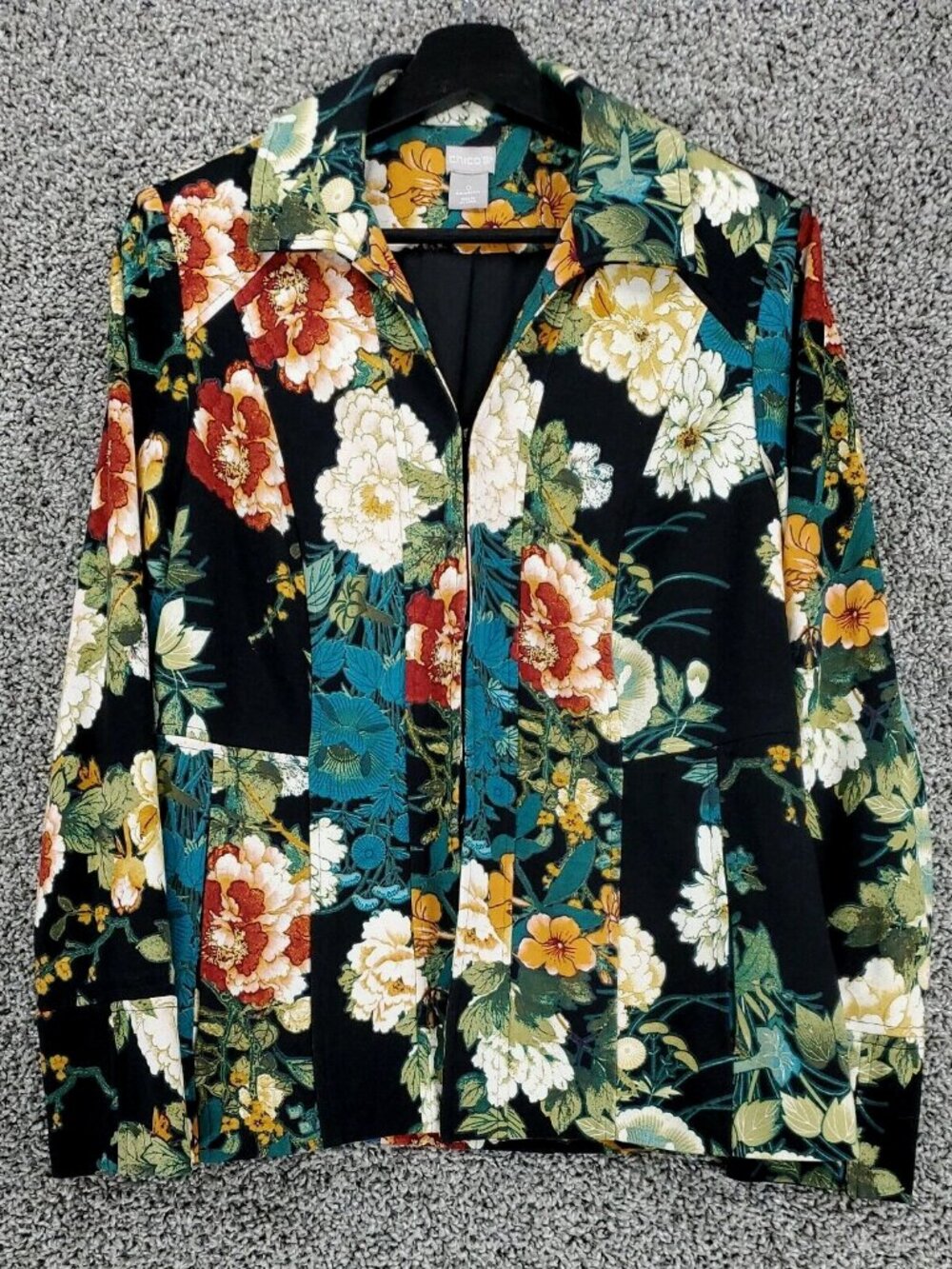 Chico's Black Multicolor Floral V-Neck Collar Hook Closure Jacket Size 0 US 4/6